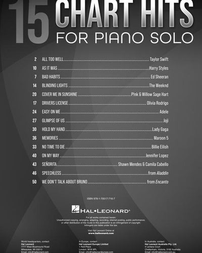 15 Chart Hits for Piano Solo