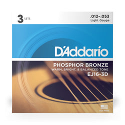 D'Addario EJ16-3D Phosphor Bronze Acoustic Guitar Strings Light 3 Sets