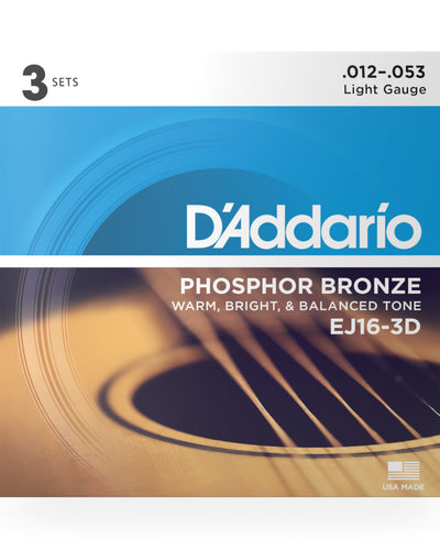 D'Addario EJ16-3D Phosphor Bronze Acoustic Guitar Strings Light 3 Sets