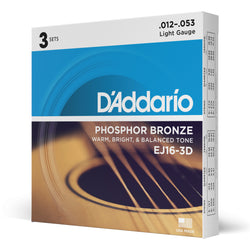 D'Addario EJ16-3D Phosphor Bronze Acoustic Guitar Strings Light 3 Sets