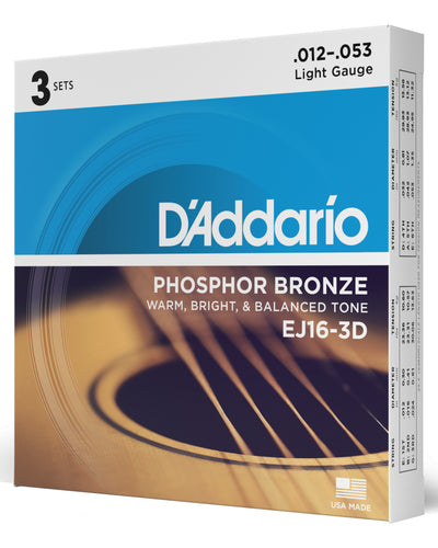 D'Addario EJ16-3D Phosphor Bronze Acoustic Guitar Strings Light 3 Sets