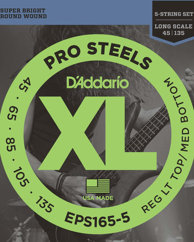 D'Addario EPS165-5 5-String ProSteels Bass Guitar Strings Custom Light 45-135 ...