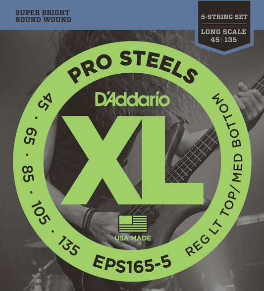 D'Addario EPS165-5 5-String ProSteels Bass Guitar Strings Custom Light 45-135 ...