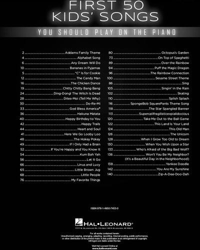 First 50 Kids' Songs You Should Play Easy Piano